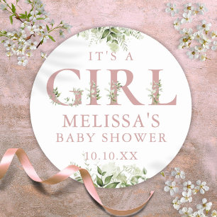 Sticker Rond C'est une fille Dusty Rose Rose Pâle Verdure Baby
