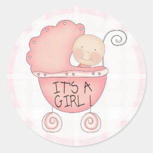 Sticker Rond C'est une fille ! Faire-part Buggy pour bébé ros
