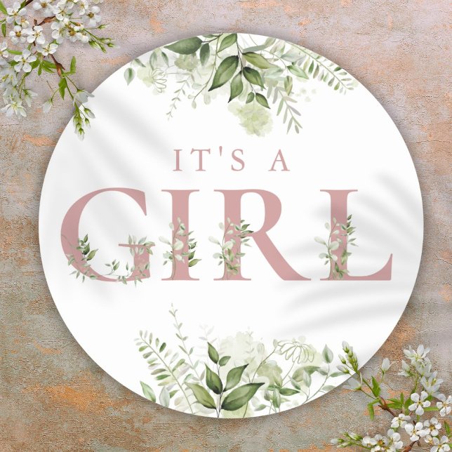 Sticker Rond C'est une fille Fleurs rose poudré et feuillage Ba (Its A Girl Dusty Rose Greenery Floral Baby Shower Classic Round Sticker)