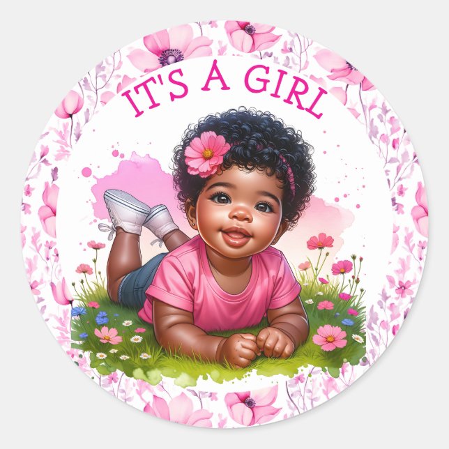 Sticker Rond C'est une fille | Le Baby shower floral de la fill (Devant)