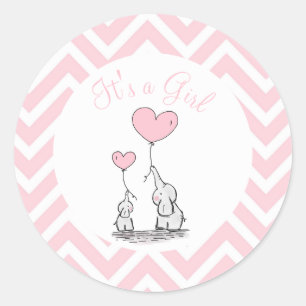 Sticker Rond C'est une fille Pastel Baby Elephant avec Coeur Pe
