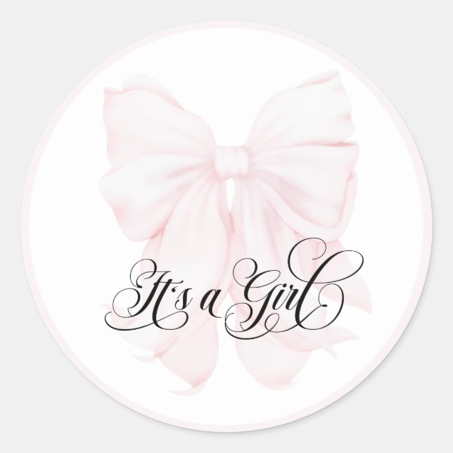 Sticker Rond C'est une fille rose Bow Baby shower moderne éléga (Devant)
