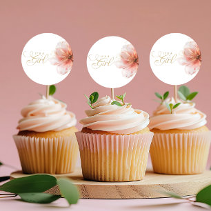 Sticker Rond C'est une fille rose or Baby shower Floral moderne