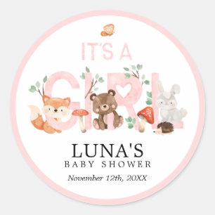 Sticker Rond C'est une fille Woodland Baby shower rose classiqu