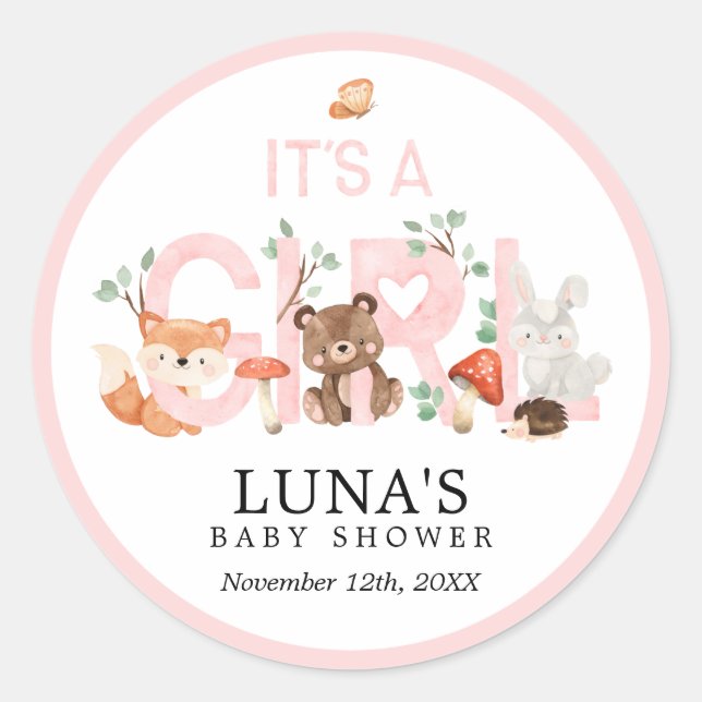 Sticker Rond C'est une fille Woodland Rose Baby Shower Classiqu (Devant)