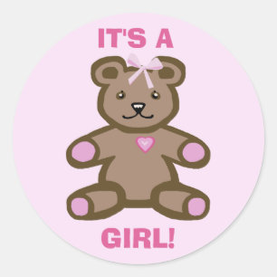 Sticker Rond C'est une petite fille ours en peluche rose