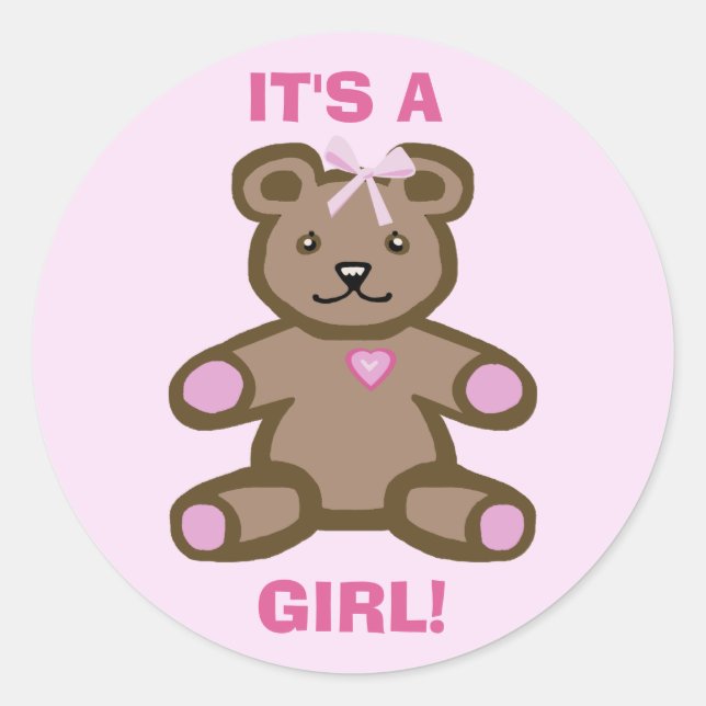 Sticker Rond C'est une petite fille ours en peluche rose (Devant)