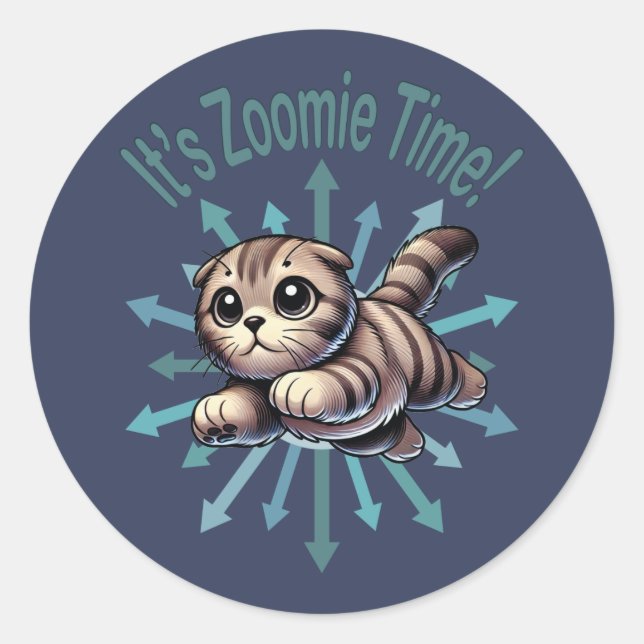 Sticker Rond C'est Zoomie Time Scottish Fold Cat (Devant)