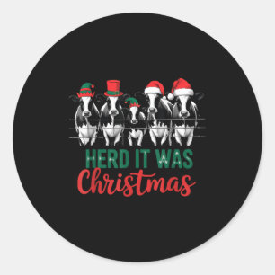 Sticker Rond C'était Noël Troupeau Mignon Vaches Festives Noël