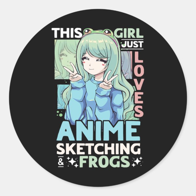 Sticker Rond Cette fille aime juste l'Anime Sketching et grenou (Devant)