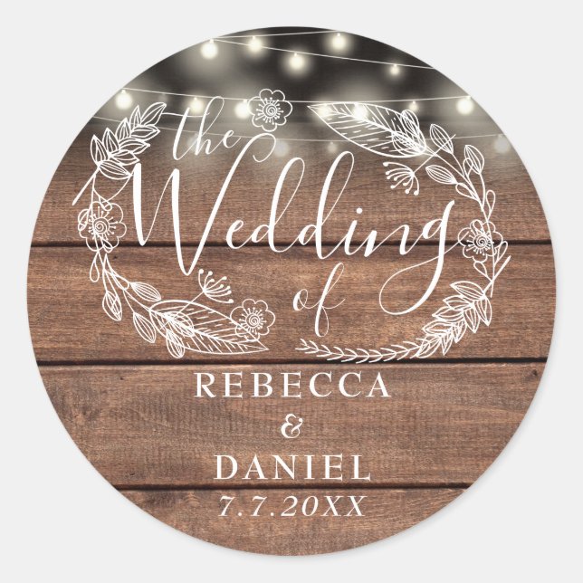 Sticker Rond Chaîne éclaire Floral Rustique Mariage bois (Devant)