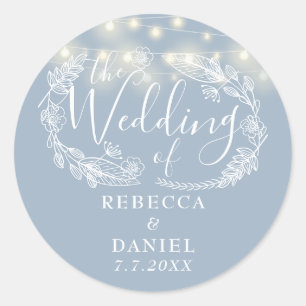 Sticker Rond Chaîne Lights Floral Dusty Mariage bleu