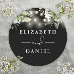 Sticker Rond Chaîne Lights Floral Noir Et Blanc Mariage Favoris<br><div class="desc">Élégant autocollant noir et blanc fleuri à cordes luminaires personnalisées avec vos noms. Conçu par Thisisnotme©</div>