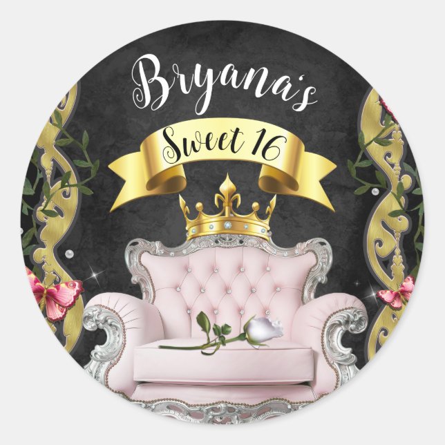 Sticker Rond Chaise Pink Princess Roses et papillons Sweet 16   (Devant)