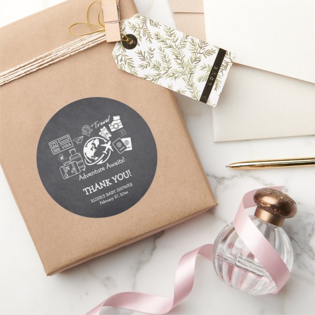 Sticker Rond Chalkboard Adventure Attend le Baby shower (Cadeaux)