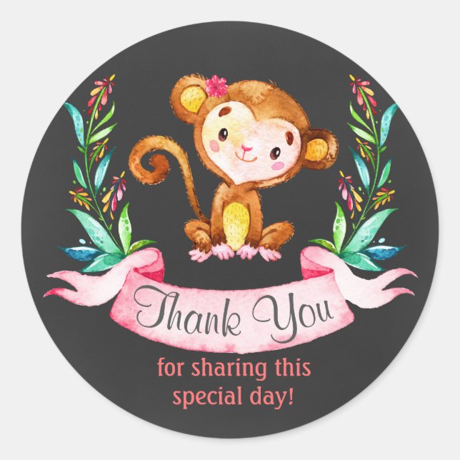 Sticker Rond Chalkboard Aquarelle Singe Fille Merci (Devant)