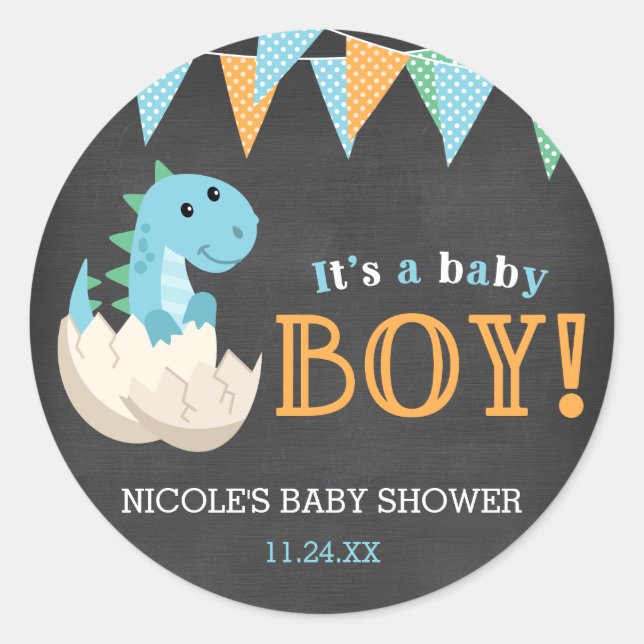 Sticker Rond Chalkboard Dinosaur Boy Baby shower (Devant)