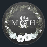 Sticker Rond Chalkboard Floral Wedding Monograms Ampersand<br><div class="desc">Customize with your Monogram. Contactez-moi avec d'autres questions ou requêtes spéciales. Florals are a light blue-gray and white with sage green cruath. Chalkboard Background can be removed by using "Customize It" and deleted that image ; Vous pouvez le faire en add your own background color</div>