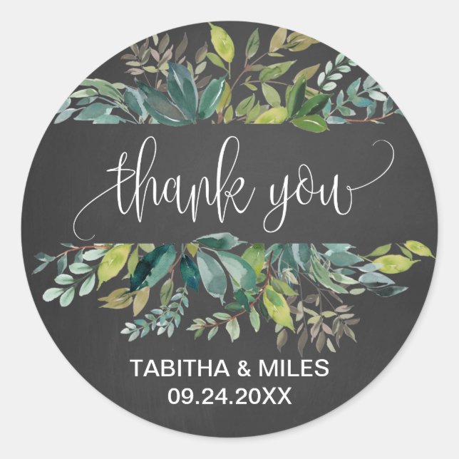 Sticker Rond Chalkboard Foliage Merci Mariage Favoriser (Devant)