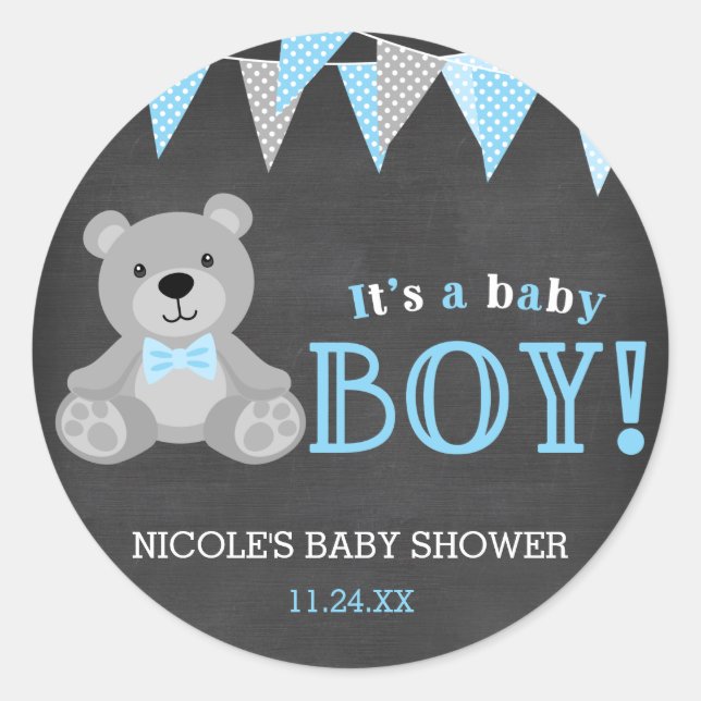 Sticker Rond Chalkboard Gris Teddy Bear Baby shower garçon (Devant)