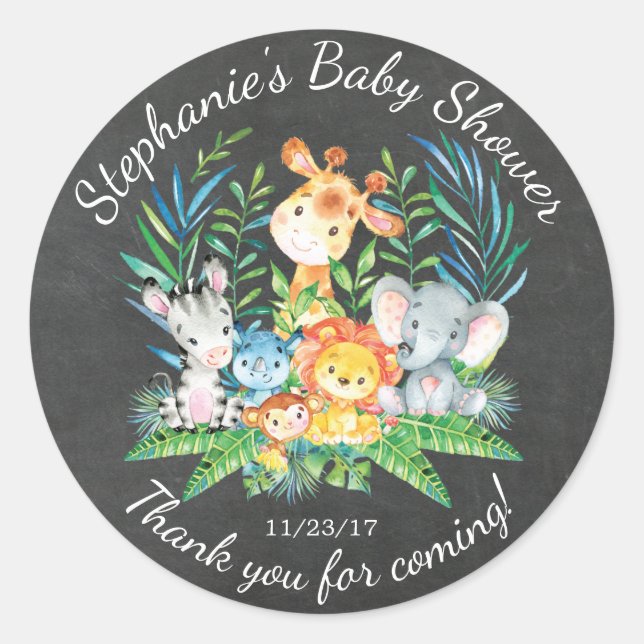 Sticker Rond Chalkboard Jungle Baby shower animal Favoriser Sti (Devant)