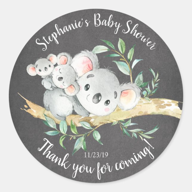 Sticker Rond Chalkboard Koala Bear Twins Baby shower Favoriser (Devant)