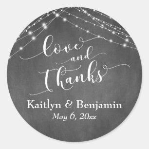 Sticker Rond Chalkboard Lights Mariage Script Love and Thanks