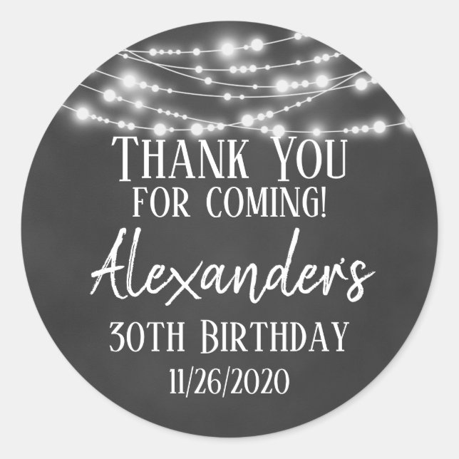 Sticker Rond Chalkboard Lights Merci Anniversaire Favoriser Tag (Devant)