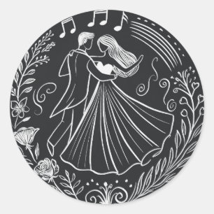 Sticker Rond Chalkboard Line Art Dancing Bride Mariage Groom