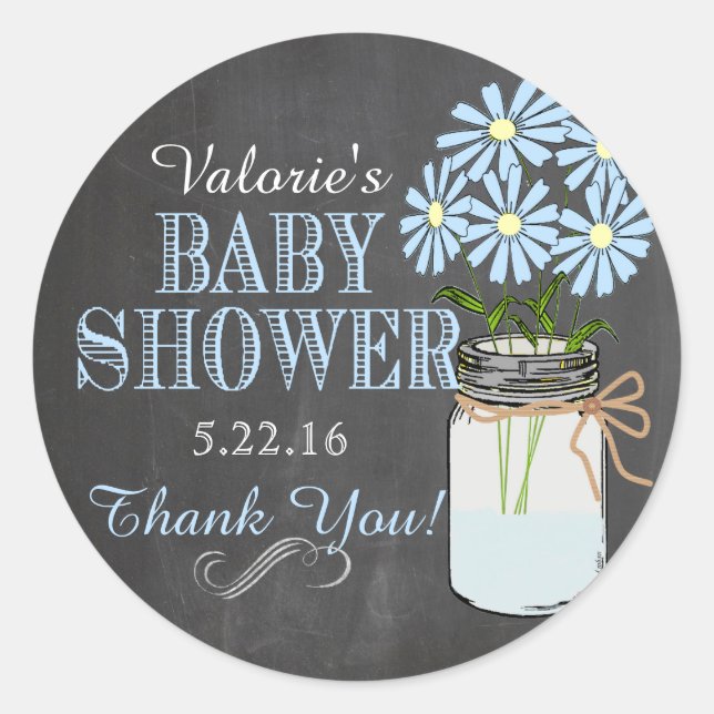 Sticker Rond Chalkboard Look Mason Jar Baby shower Fleurs Bleue (Devant)