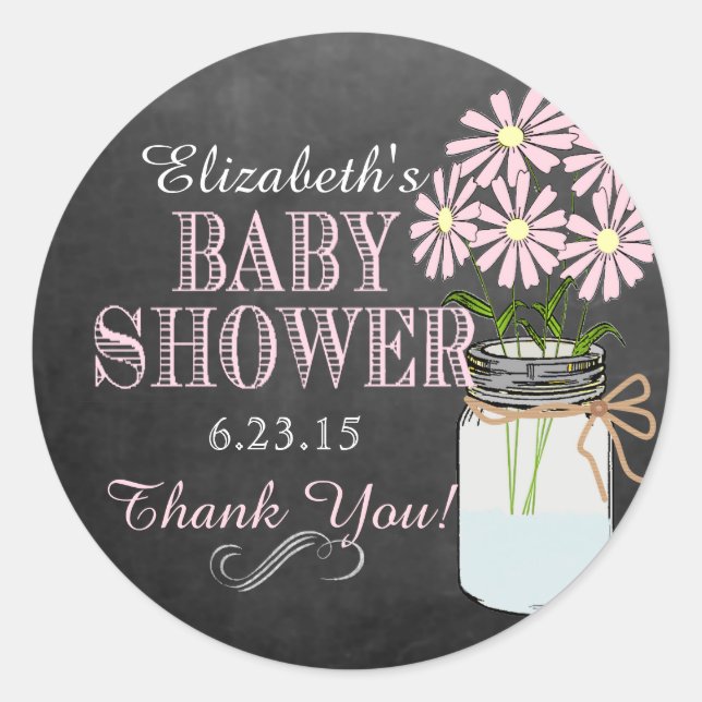 Sticker Rond Chalkboard Look Mason Jar Baby shower Fleurs roses (Devant)