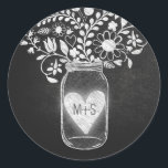 Sticker Rond Chalkboard mât jar floral<br><div class="desc">bocal en tableau mason initiales autocollants de mariage</div>