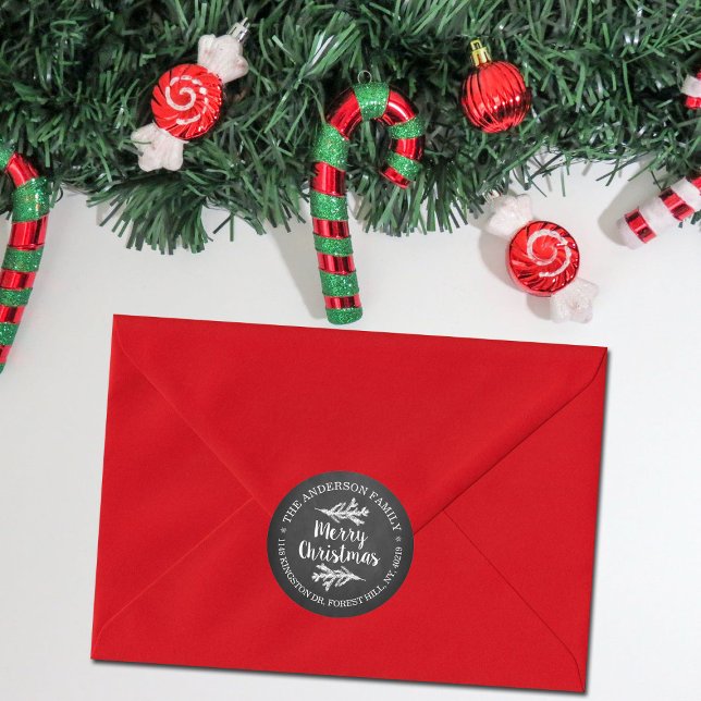 Sticker Rond Chalkboard moderne Pine Tree Holiday Adresse de re (Créateur téléchargé)