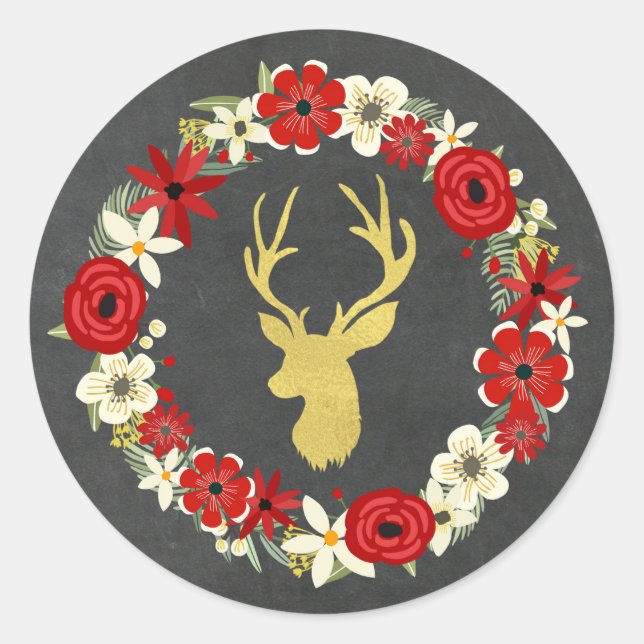 Sticker Rond Chalkboard Rouge Floral Wreath Gold Deer Noël (Devant)
