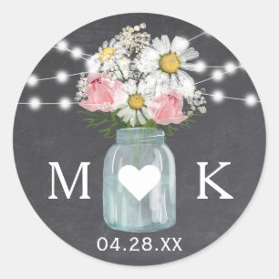 Sticker Rond Chalkboard String Lights Fleurs Mariage Faveur