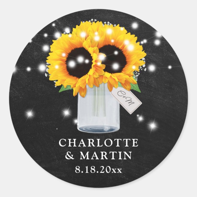 Sticker Rond Chalkboard Sunflower Mason Jar Monogramme Mariage (Devant)