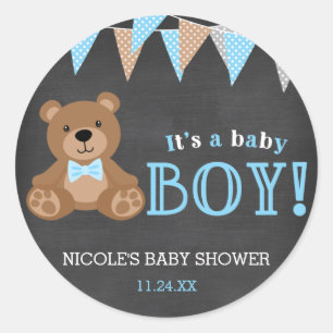 Sticker Rond Chalkboard Teddy Bear Baby shower garçon