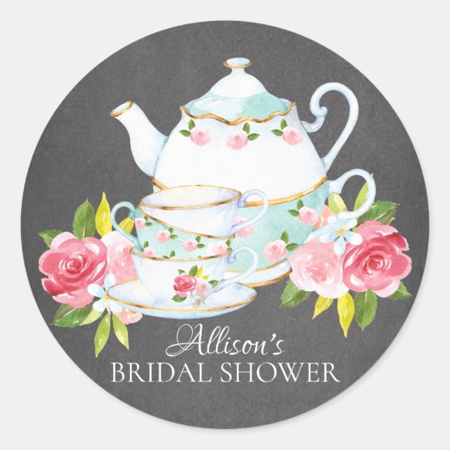 Sticker Rond Chalkboard Watercolor Bride douche nuptiale Tea Pa (Devant)