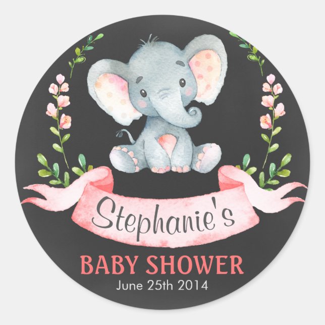 Sticker Rond Chalkboard Watercolor Elephant Girl Baby shower (Devant)