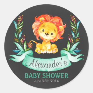 Sticker Rond Chalkboard Watercolor Lion Baby shower