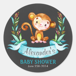 Sticker Rond Chalkboard Watercolor Monkey Boy Baby shower