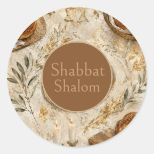 Sticker Rond Challah Botanique, Beige Or, Shabbat Rustique