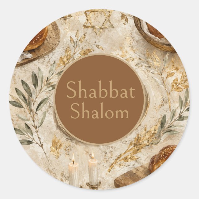 Sticker Rond Challah Botanique, Beige Or, Shabbat Rustique (Devant)