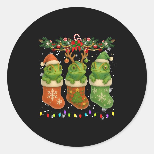Sticker Rond Chameleon In Christmas Socks Lights Chameleon Xmas (Devant)