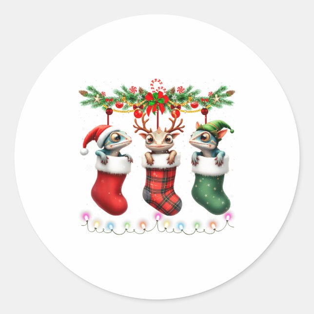 Sticker Rond Chameleon In Christmas Socks Lights Chameleon Xmas (Devant)