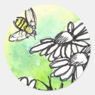 Sticker Rond Chamomille Fleur Miel Aquarelle Abeille Lime Vert