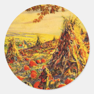 Sticker Rond Champ de citrouilles vintage Halloween avec meules