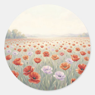 Sticker Rond Champ de coquelicots Prairie de fleurs sauvages
