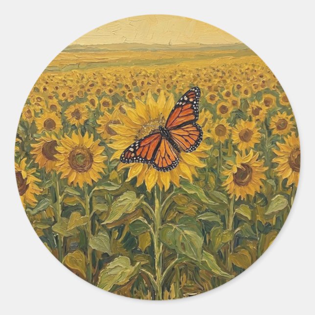 Sticker Rond Champ de tournesols avec papillon monarque (Devant)