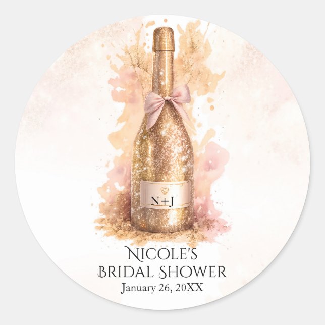 Sticker Rond Champagne Bubbly & Gold Glitter Bridal Shower (Devant)